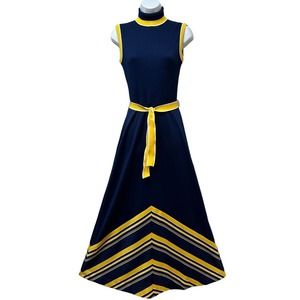 VINTAGE Retro Knit MAXI Dress Sleeveless Turtleneck Blue Yellow Chevron‎ Striped